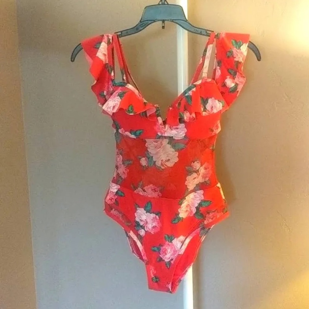 Betsey Johnson Red and Pink Floral One-piece Swimsuit